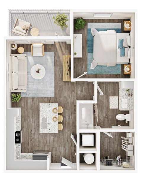 Floor plan for 1 bed, 1 bath, 698 sqft